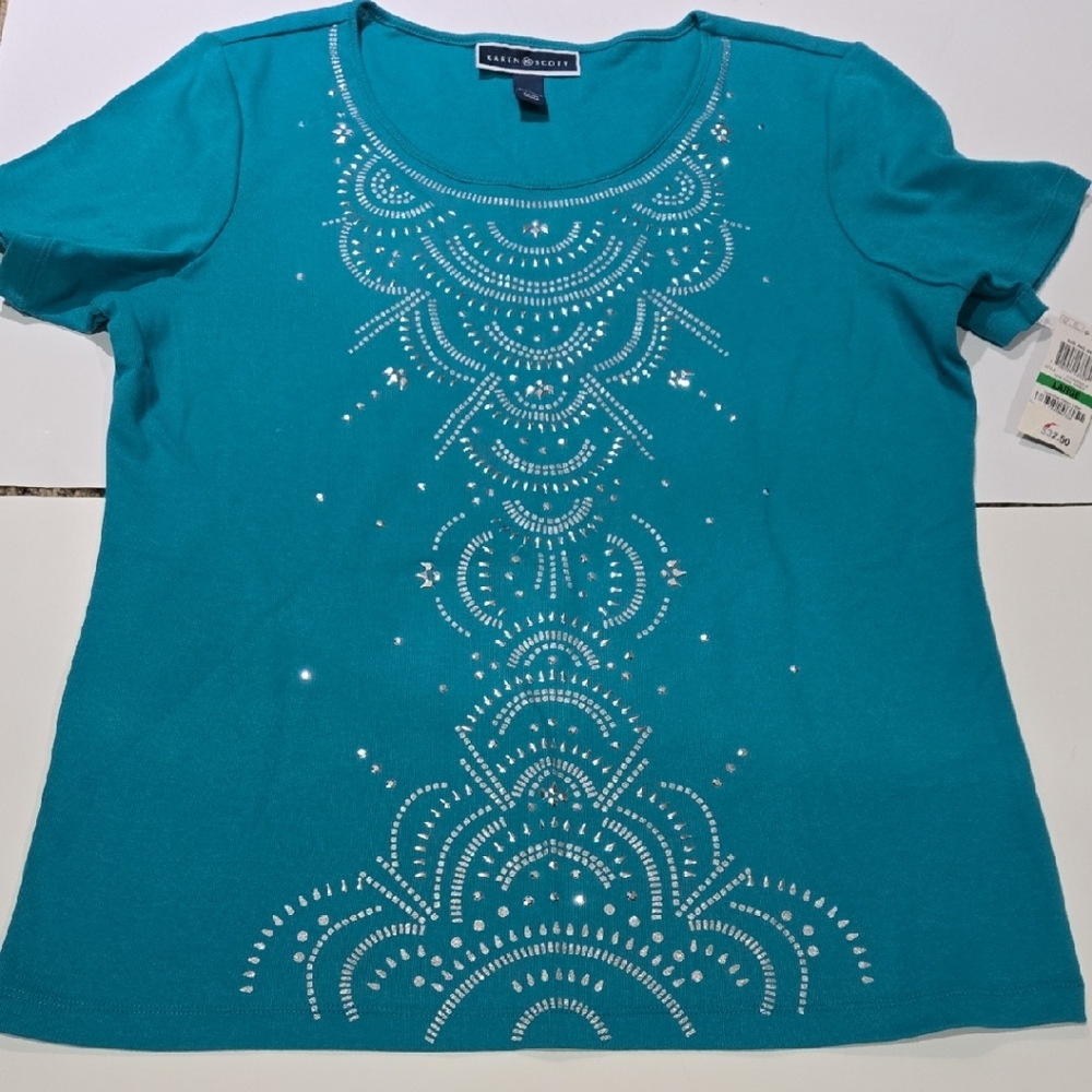Karen Scott Turquoise Embellished Short Sleeve Top